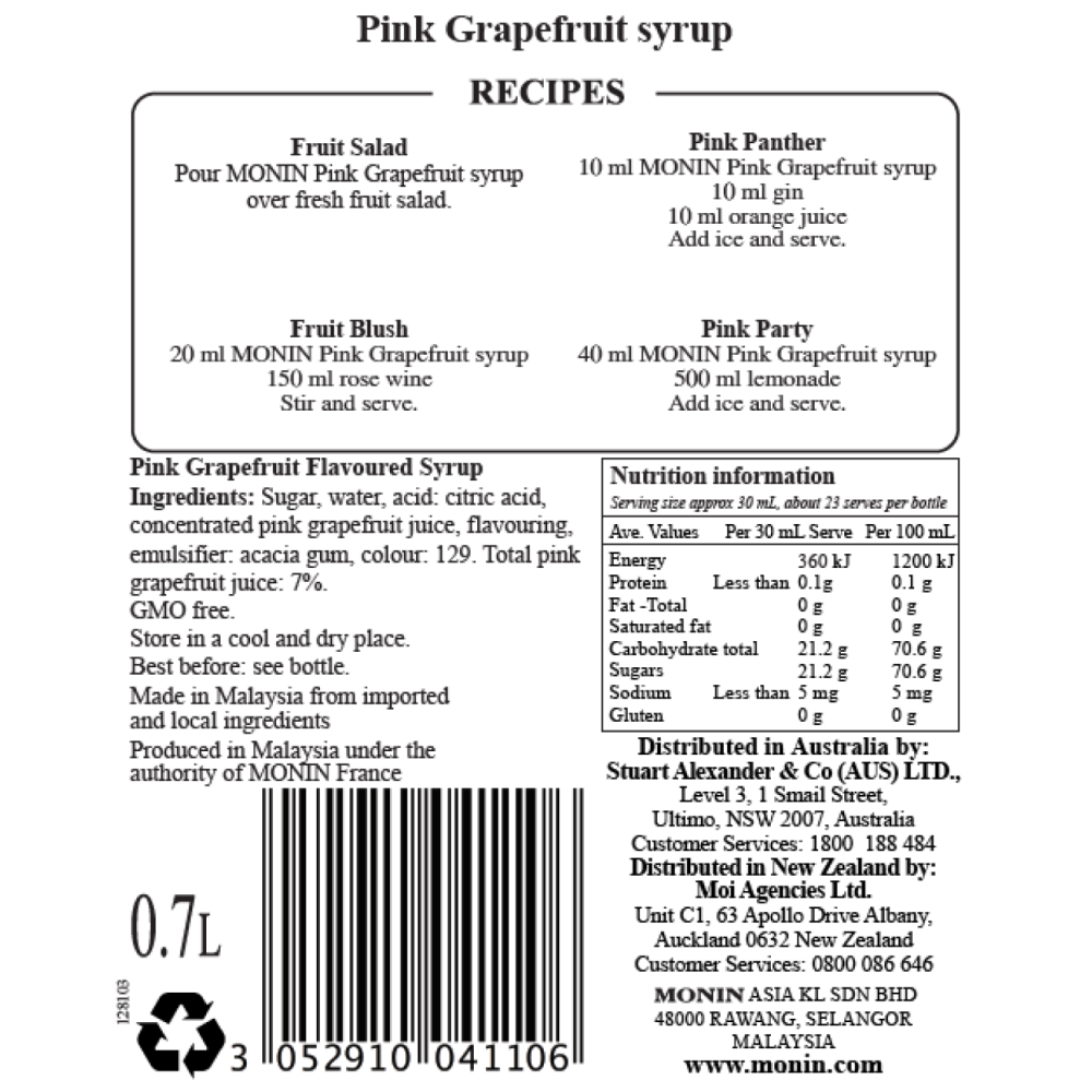 Monin Pink Grapefruit Syrup 700ml (Box of 6)
