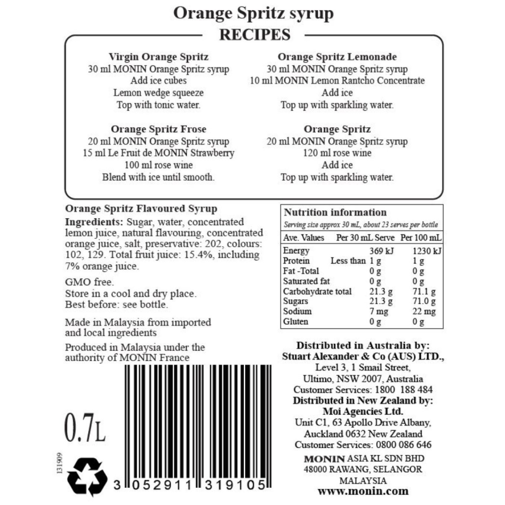 Monin Orange Spritz Syrup 700ml (Box of 6)