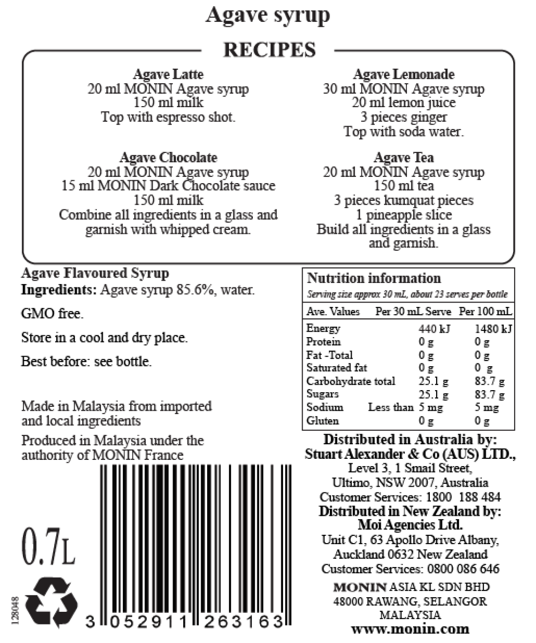 Monin Agave Syrup 700ml (Box of 6)