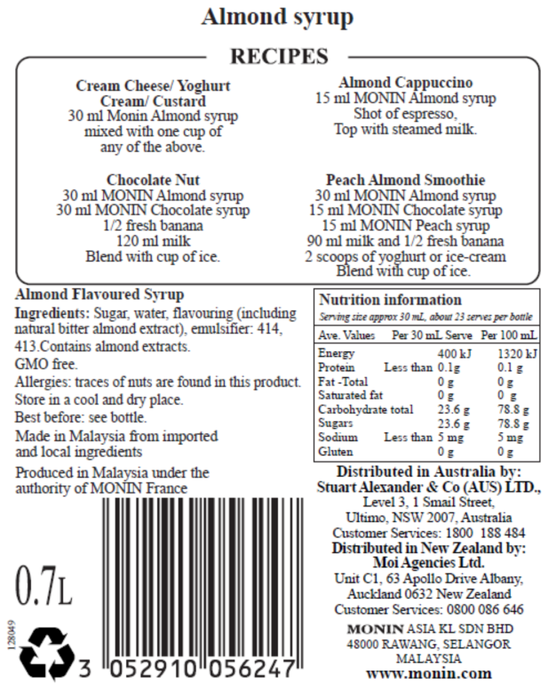 Monin Almond Syrup 700ml (Box of 6)