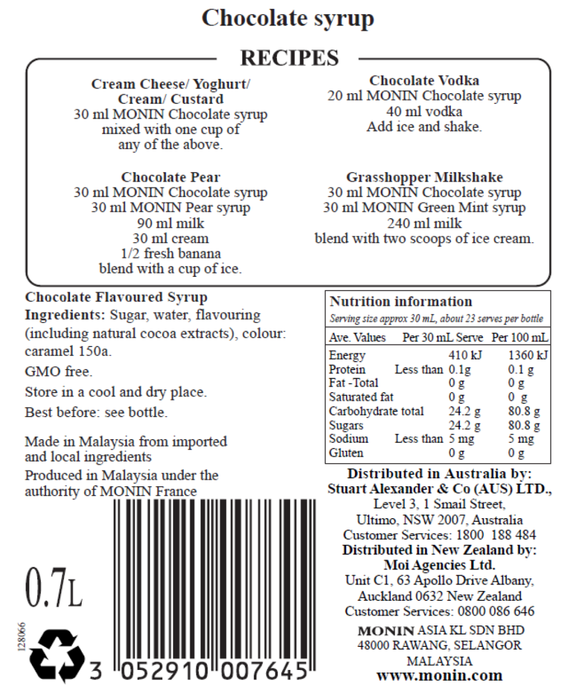 Monin Chocolate Syrup 700ml (Box of 6)