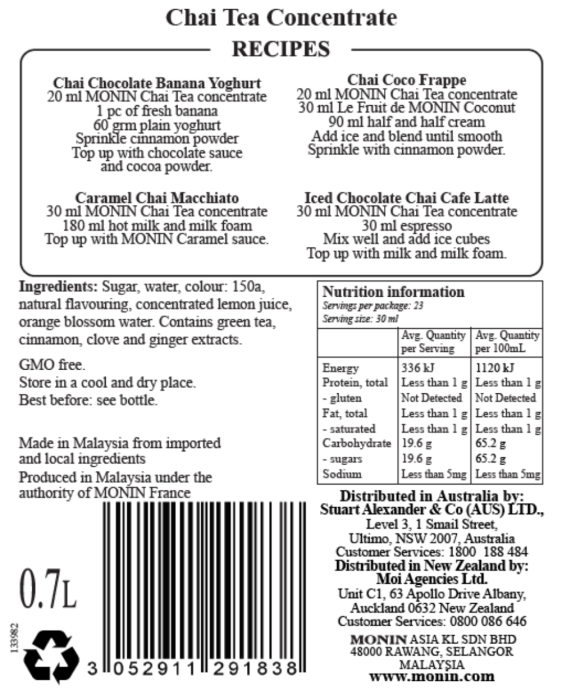 Monin Chai Tea Syrup 700ml (Box of 6)