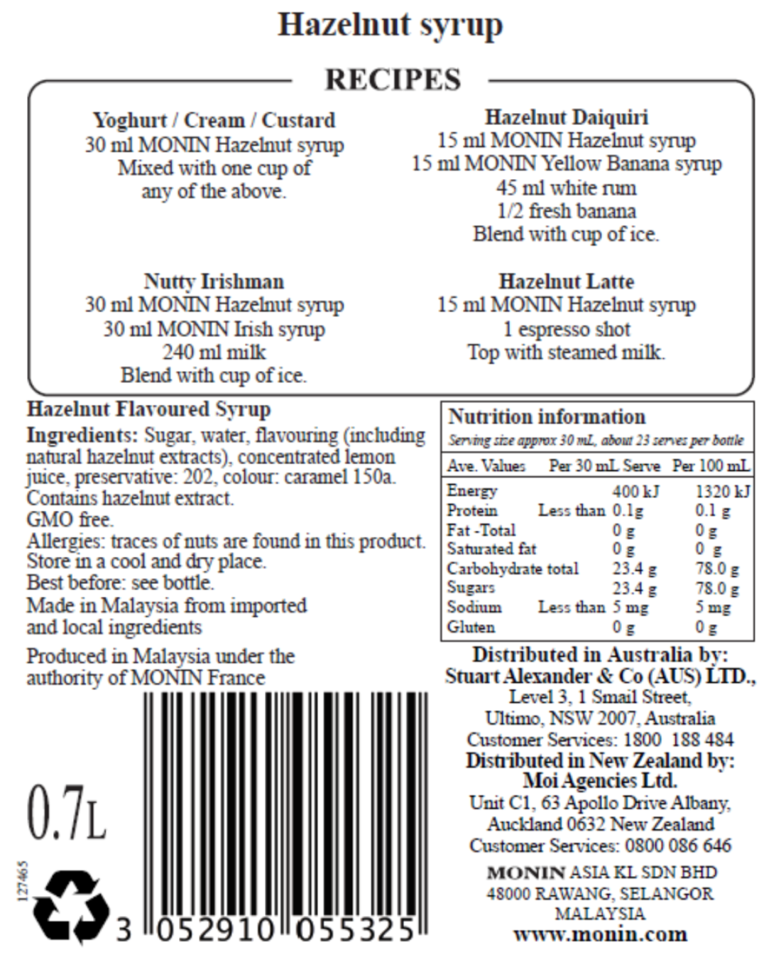 Monin Hazelnut Syrup 700ml (Box of 6)