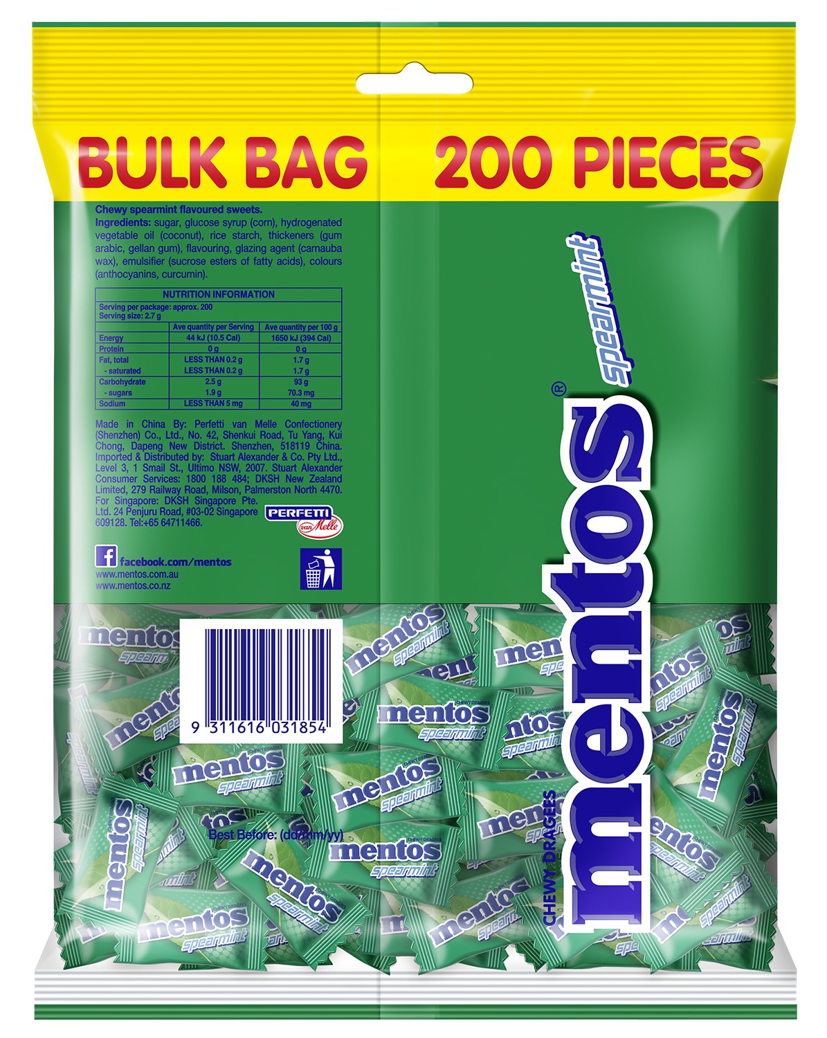 Mentos Spearmint Candy Pillowpack 540g (Box of 12)