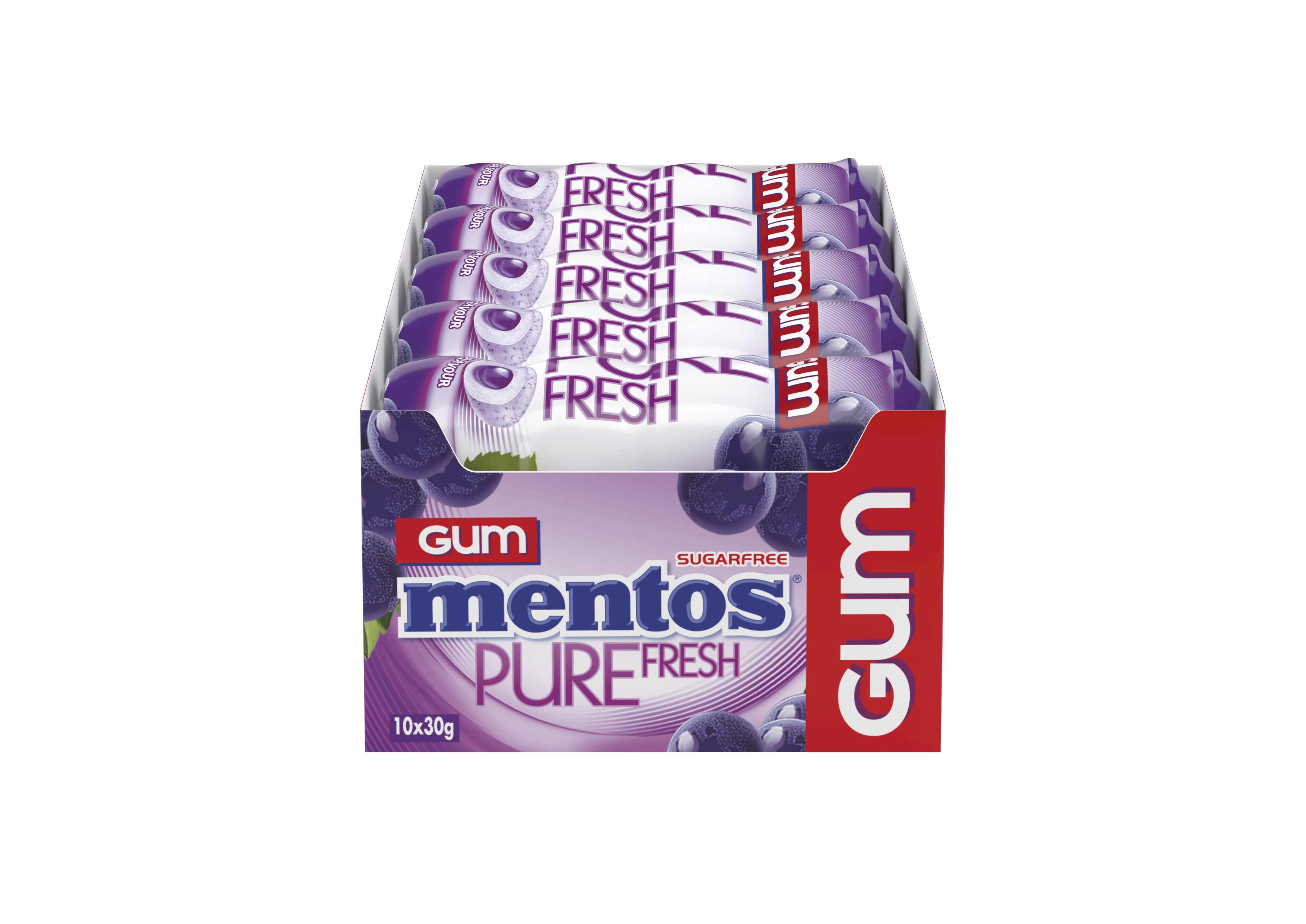 Mentos Pure Fresh Chewing Gum, Grape 30g (Box of 10)