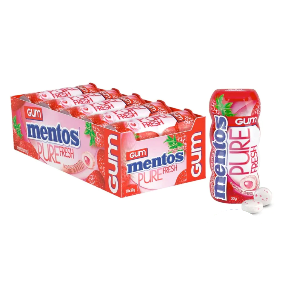 Mentos Pure Fresh Chewing Gum, Strawberry 30g (Box of 10)