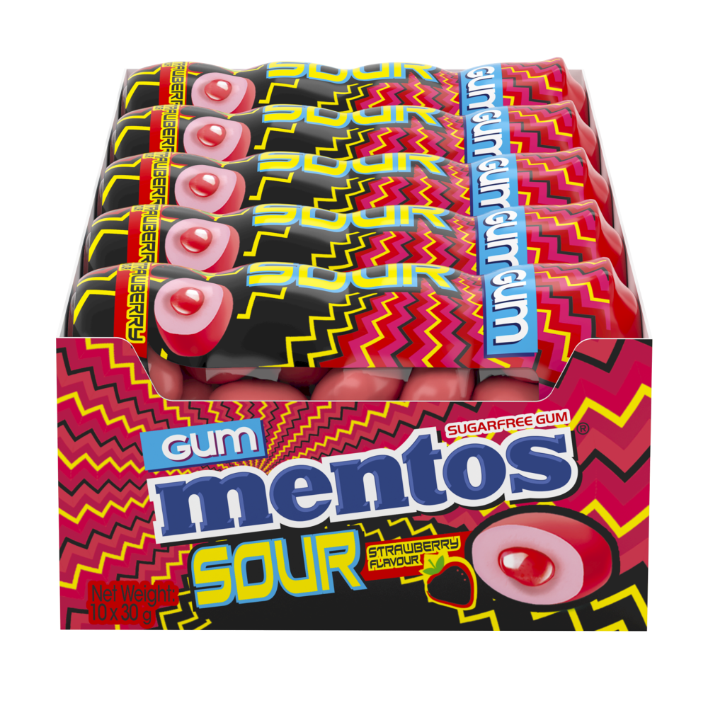Mentos Pure Fresh Chewing Gum, Sour Strawberry 30g (Box of 10)