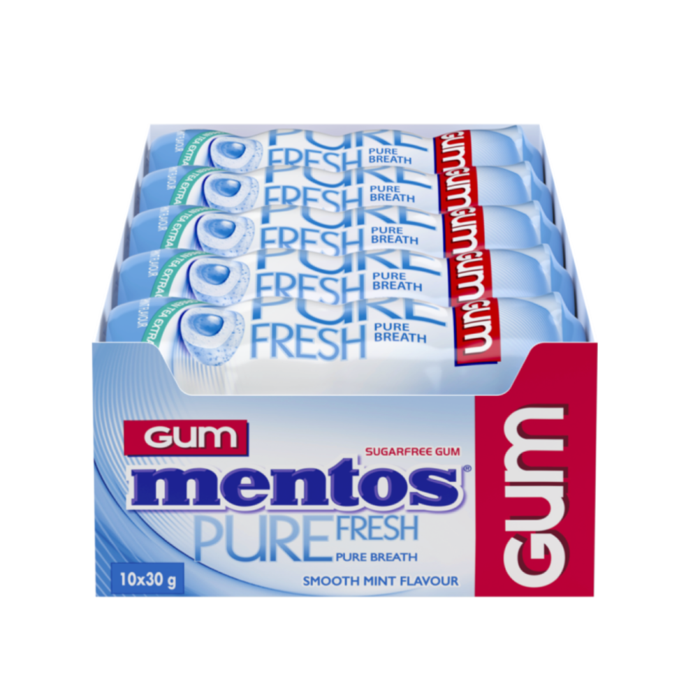 Mentos Pure Fresh Chewing Gum, Smooth Mint 30g (Box of 10)