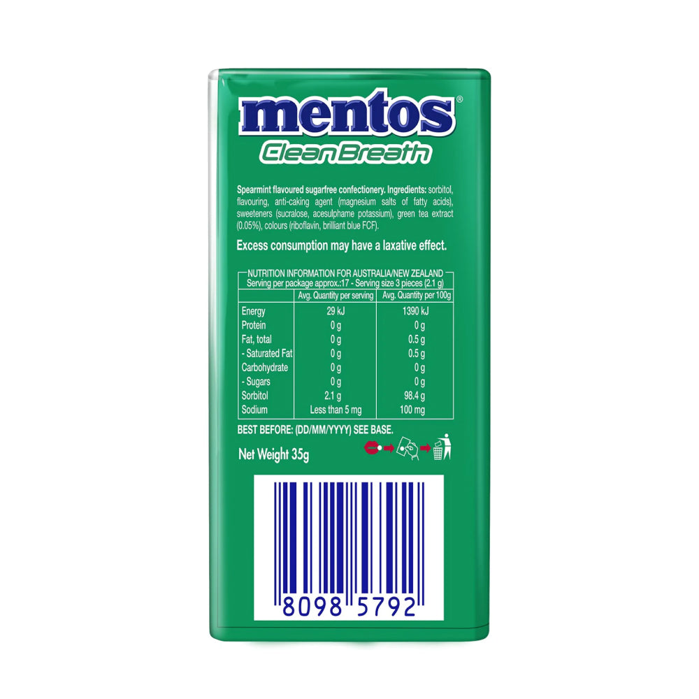 Mentos Clean Breath Mints Spearmint 35g (Box of 12)